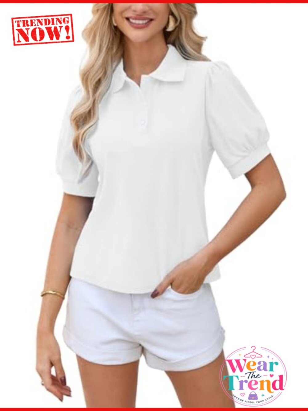 Polo Shirt Short Puff Sleeve Collared V-Neck Top for Casual Work